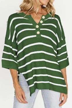 Outlet Dear-Lover Henley Buttoned Placket Drop Shoulder Bracelet Sleeve Knit Sweater Tee Green Stripe
