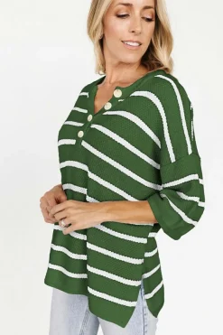 Outlet Dear-Lover Henley Buttoned Placket Drop Shoulder Bracelet Sleeve Knit Sweater Tee Green Stripe