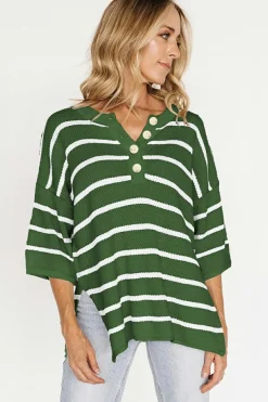 Outlet Dear-Lover Henley Buttoned Placket Drop Shoulder Bracelet Sleeve Knit Sweater Tee Green Stripe