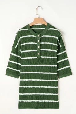 Outlet Dear-Lover Henley Buttoned Placket Drop Shoulder Bracelet Sleeve Knit Sweater Tee Green Stripe