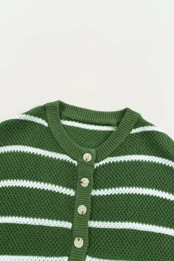 Outlet Dear-Lover Henley Buttoned Placket Drop Shoulder Bracelet Sleeve Knit Sweater Tee Green Stripe