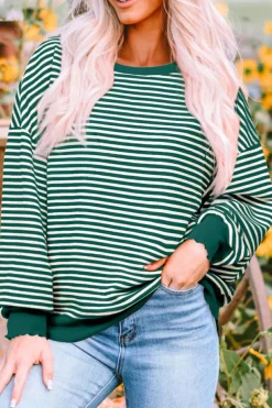 Sale Dear-Lover Loose Drop Shoulder Long Sleeve Top Green Stripe