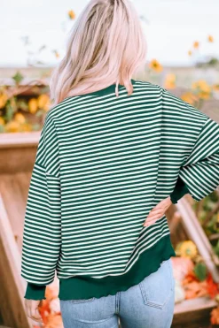 Sale Dear-Lover Loose Drop Shoulder Long Sleeve Top Green Stripe