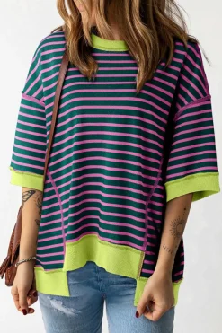New Dear-Lover Oversized Contrast Trim Exposed Seam High Low T Shirt Green Stripe