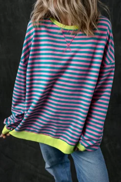 New Dear-Lover Oversized Contrast Trim Pullover Sweatshirt Green Stripe