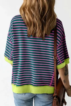 New Dear-Lover Oversized Contrast Trim Exposed Seam High Low T Shirt Green Stripe