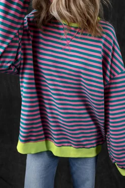 New Dear-Lover Oversized Contrast Trim Pullover Sweatshirt Green Stripe
