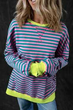 New Dear-Lover Oversized Contrast Trim Pullover Sweatshirt Green Stripe