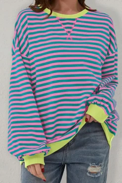 New Dear-Lover Oversized Contrast Trim Pullover Sweatshirt Green Stripe