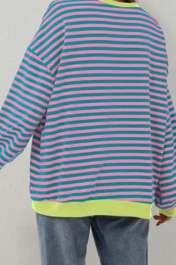 New Dear-Lover Oversized Contrast Trim Pullover Sweatshirt Green Stripe