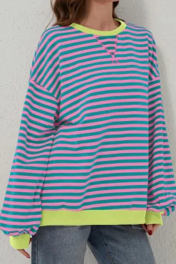 New Dear-Lover Oversized Contrast Trim Pullover Sweatshirt Green Stripe