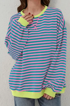 New Dear-Lover Oversized Contrast Trim Pullover Sweatshirt Green Stripe