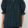 Fashion Dear-Lover Plaid Puff Sleeve Frilled Trim Elegant Blouse Green Stripe