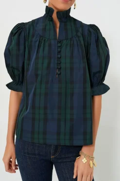Fashion Dear-Lover Plaid Puff Sleeve Frilled Trim Elegant Blouse Green Stripe