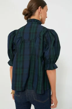 Fashion Dear-Lover Plaid Puff Sleeve Frilled Trim Elegant Blouse Green Stripe