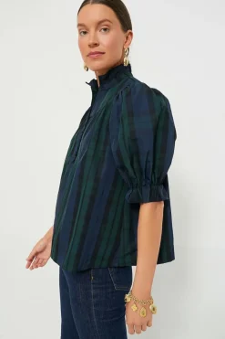 Fashion Dear-Lover Plaid Puff Sleeve Frilled Trim Elegant Blouse Green Stripe