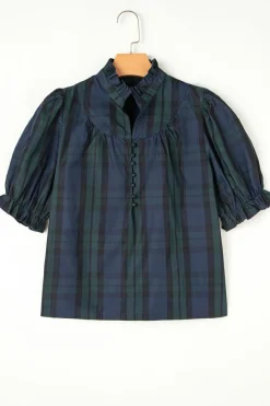 Fashion Dear-Lover Plaid Puff Sleeve Frilled Trim Elegant Blouse Green Stripe