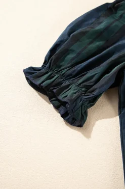 Fashion Dear-Lover Plaid Puff Sleeve Frilled Trim Elegant Blouse Green Stripe