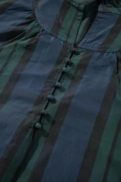 Fashion Dear-Lover Plaid Puff Sleeve Frilled Trim Elegant Blouse Green Stripe
