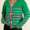 Sale Dear-Lover Ribbon Cute Bow Detail Sweater Knit Cardigan Green Stripe