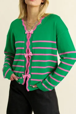 Sale Dear-Lover Ribbon Cute Bow Detail Sweater Knit Cardigan Green Stripe