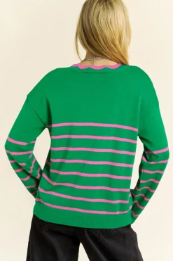 Sale Dear-Lover Ribbon Cute Bow Detail Sweater Knit Cardigan Green Stripe