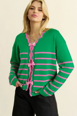 Sale Dear-Lover Ribbon Cute Bow Detail Sweater Knit Cardigan Green Stripe