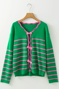 Sale Dear-Lover Ribbon Cute Bow Detail Sweater Knit Cardigan Green Stripe