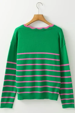 Sale Dear-Lover Ribbon Cute Bow Detail Sweater Knit Cardigan Green Stripe
