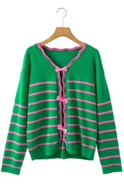 Sale Dear-Lover Ribbon Cute Bow Detail Sweater Knit Cardigan Green Stripe