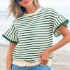 Sale Dear-Lover Scallop Lace Trim Ruffle Short Sleeves Crewneck Top Green Stripe