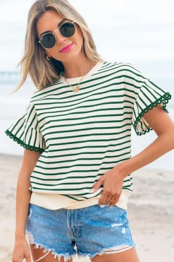 Sale Dear-Lover Scallop Lace Trim Ruffle Short Sleeves Crewneck Top Green Stripe