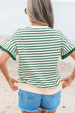 Sale Dear-Lover Scallop Lace Trim Ruffle Short Sleeves Crewneck Top Green Stripe