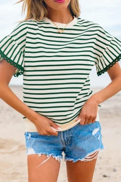 Sale Dear-Lover Scallop Lace Trim Ruffle Short Sleeves Crewneck Top Green Stripe