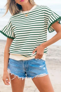 Sale Dear-Lover Scallop Lace Trim Ruffle Short Sleeves Crewneck Top Green Stripe