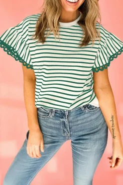 Sale Dear-Lover Scallop Lace Trim Ruffle Short Sleeves Crewneck Top Green Stripe