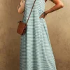 New Dear-Lover Shirred Frilled High Waist Sleeveless Loose Fit Maxi Dress Green Stripe