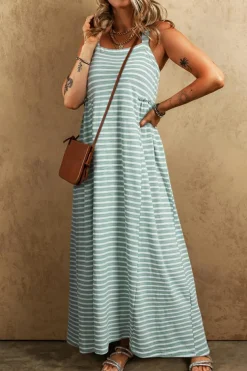 New Dear-Lover Shirred Frilled High Waist Sleeveless Loose Fit Maxi Dress Green Stripe