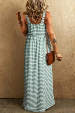 New Dear-Lover Shirred Frilled High Waist Sleeveless Loose Fit Maxi Dress Green Stripe