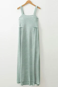 New Dear-Lover Shirred Frilled High Waist Sleeveless Loose Fit Maxi Dress Green Stripe
