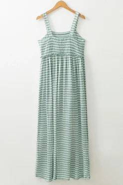 New Dear-Lover Shirred Frilled High Waist Sleeveless Loose Fit Maxi Dress Green Stripe