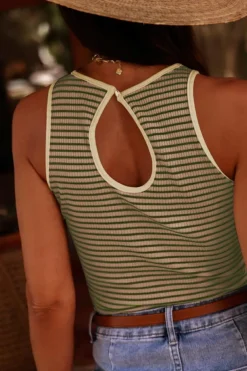 New Dear-Lover Striped Print Ribbed Knit Sleeveless Top Green Stripe