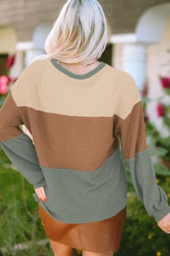 Fashion Dear-Lover Textured Color Block Bubble Sleeve Baggy Top Green Stripe