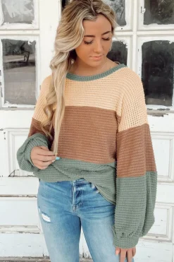 Fashion Dear-Lover Textured Color Block Bubble Sleeve Baggy Top Green Stripe