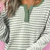Clearance Dear-Lover Textured Frilly Trim Buttons Henley Long Sleeve Top Green Stripe