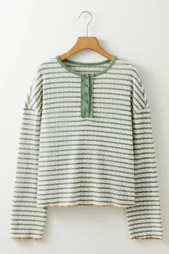 Clearance Dear-Lover Textured Frilly Trim Buttons Henley Long Sleeve Top Green Stripe