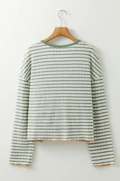 Clearance Dear-Lover Textured Frilly Trim Buttons Henley Long Sleeve Top Green Stripe