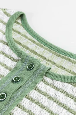 Clearance Dear-Lover Textured Frilly Trim Buttons Henley Long Sleeve Top Green Stripe