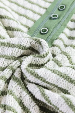 Clearance Dear-Lover Textured Frilly Trim Buttons Henley Long Sleeve Top Green Stripe