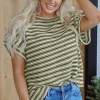 Sale Dear-Lover Textured Side Slits Crew Neck T Shirt Green Stripe